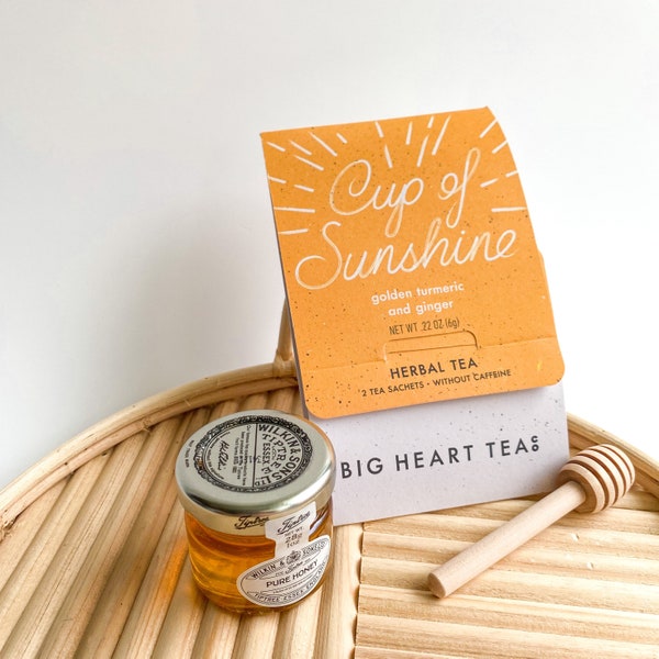 Cup of Sunshine: Tea for Two Sampler contains 2 teabags, honey jar and stir stick