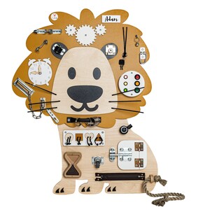 Lion Edmund Busy Board, Personnalisé, Cadeau d'anniversaire, Éducatif, Conseil d'activité, Conseil sensoriel, Jouets en bois Montessori image 4