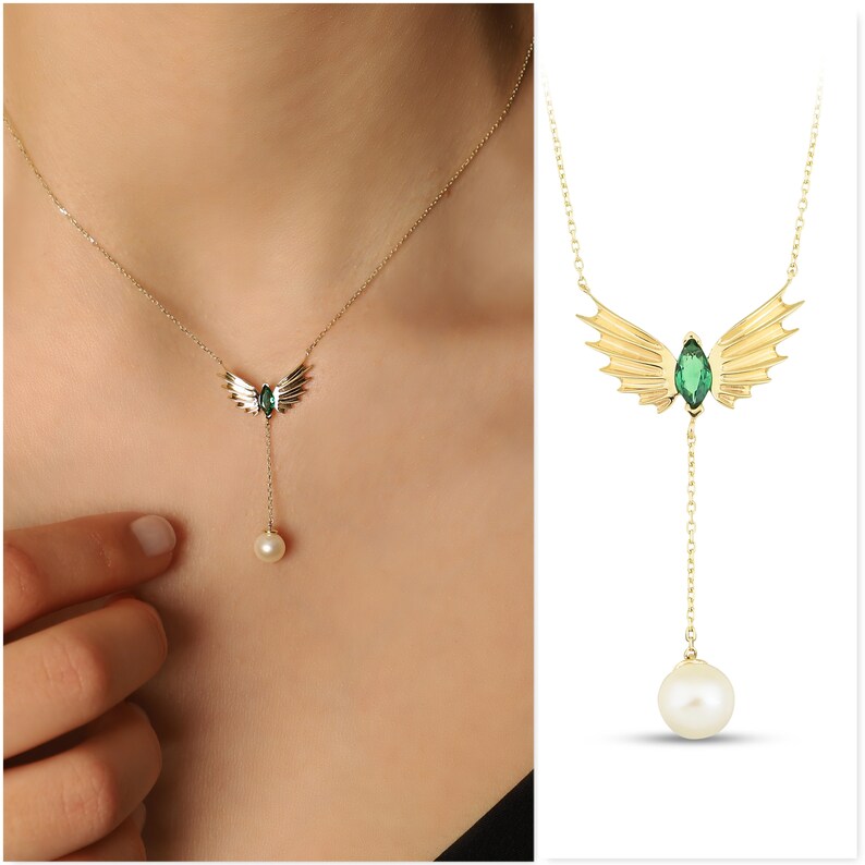 Minimalist Necklace as Gift for her Gold Wing Pendant Guardian Angel Wings Necklace with Emerald green color CZ 14k Dainty Necklace