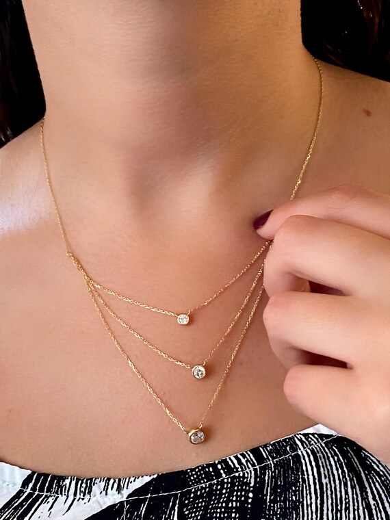 14k Gold 3 Stone Multi Strand Necklace 