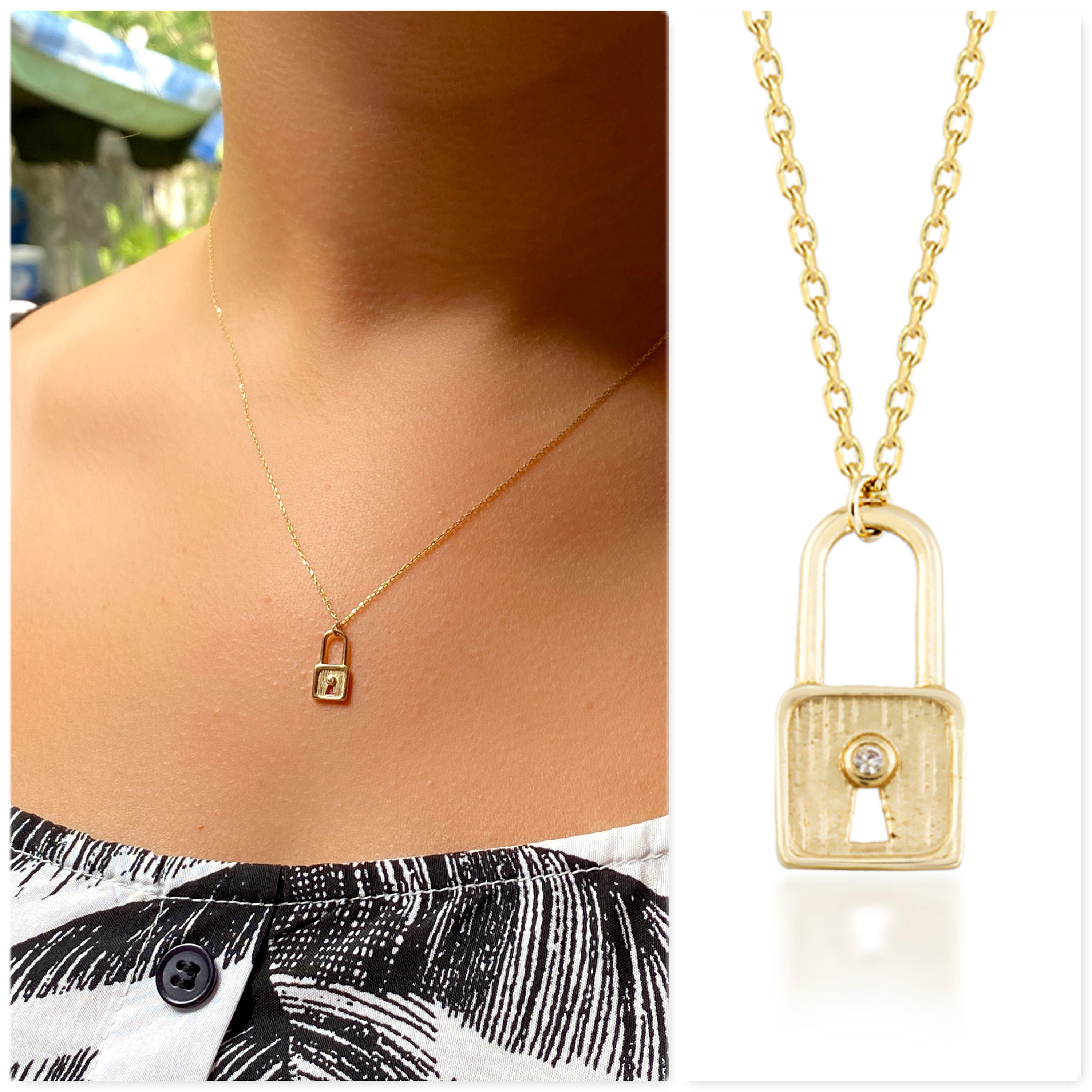 14k Gold Padlock Necklace Lock Pendant 