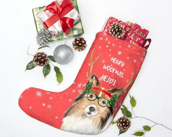 Shetland Sheepdog Christmas Stocking, Christmas dog stocking, dog portrait, Christmas theme, reindeer antlers, vintage style, xmas decor
