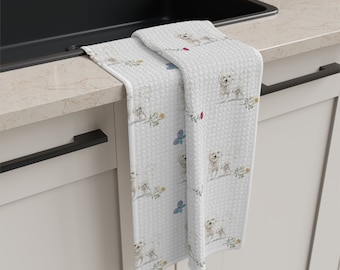 Bichon Frise dog Tea Towel, seamless dog print with FREE custom  birthday card