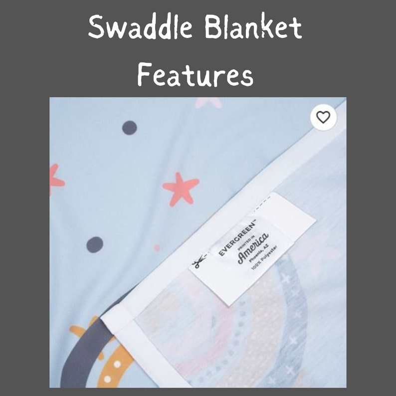 May include: A blue swaddle blanket with a white border and a white label that says "EVERGREEN PRINTED IN America Phoenix, AZ 100% Polyester". The blanket has a colorful rainbow design and a pattern of stars and dots.