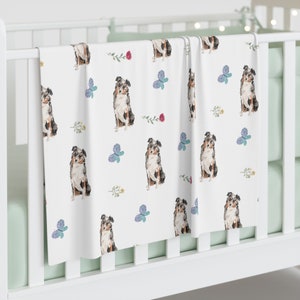 Australian Shepherd Dog Swaddle Blanket for newborn baby, baby shower gift ideas, for dog lover, vintage nursery, matching swaddle  beanie