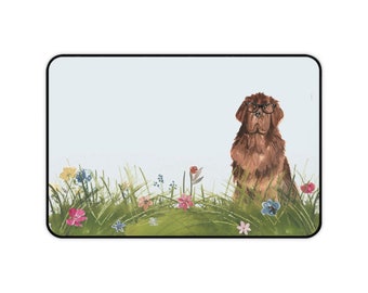 Newfoundland watercolor dog sitting in wildflowers on large desk mat, Computer accessories for pet lovers, Vintage Newfie dog, Birthday gift