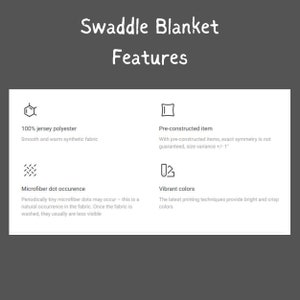 May include: A graphic showing the features of a swaddle blanket. The features include: 100% jersey polyester, pre-constructed item, microfiber dot occurrence, and vibrant colors.