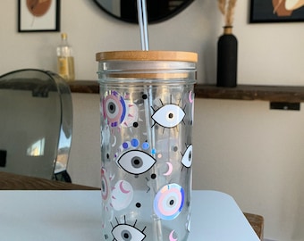 Evil Eye Glass Cup | Boho Iced Coffee Tumbler, Bamboo Lid & Straw