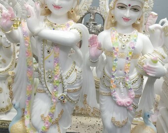 Radhe-Krishna A high Quality Hand Made Makrana white Marble beautifully designed with garlands and glass diamonds 12"