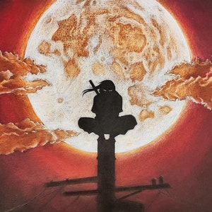 May include: A silhouette of a person sitting on a tall structure with a large, white moon in the background. The sky is a deep red with orange clouds.