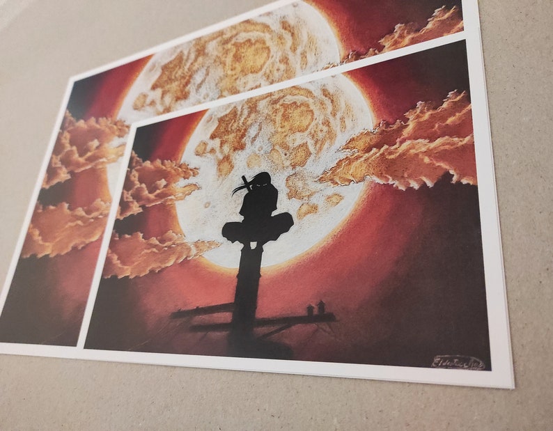May include: A black silhouette of a person standing on a platform in front of a large, red moon with gold clouds. The moon is surrounded by a dark red sky.