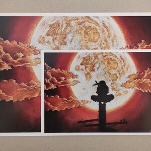 May include: A black and white illustration of a figure sitting on a platform with a large, red moon in the background. The moon has a textured surface and is surrounded by clouds.