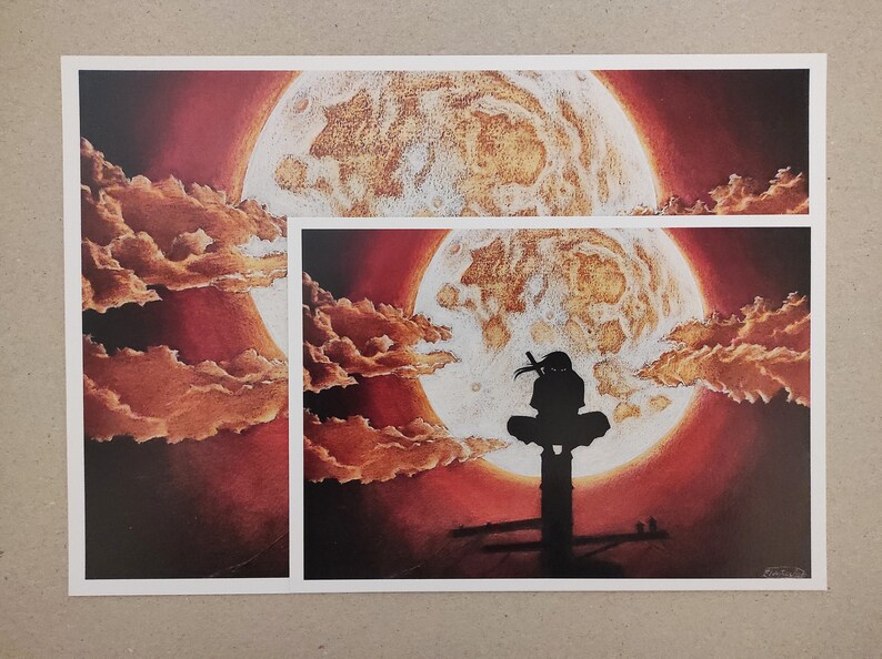 May include: A black and white illustration of a figure sitting on a platform with a large, red moon in the background. The moon has a textured surface and is surrounded by clouds.