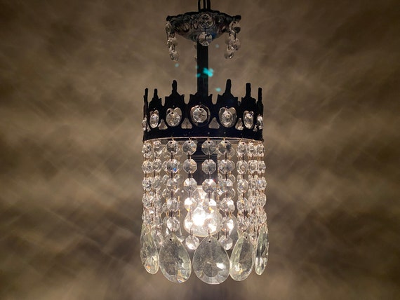 Antique Small Chandelier Vintage Brass & Crystal Chandelier