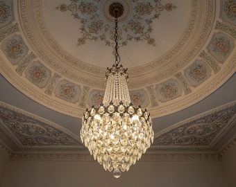 Vintage Brass & Crystal Chandelier | Antique French Empire Style Ceiling Lamp, 1960s