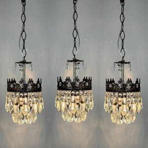 Vintage Brass & Crystal Chandelier - 1970s Glass Ceiling Lamp 3Bulb  •DUTY FREE [USA]