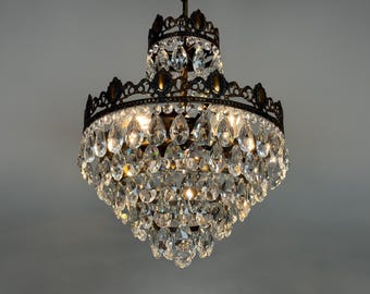 Antique | Vintage French Brass & Crystals Chandelier Light Fixtures  • 1950s Ceiling Lighing