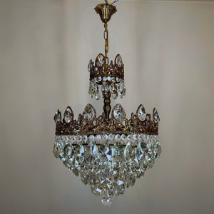 Antique Vintage Chandelier Lighting , Empire Style Brass & Crystals Chandelier Ceiling Lamp Lighting Fixture 1960’s