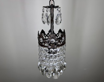 Antique Vintage Brass & Crystal Chandelier Light Fixtures - 1950s Glass Pendant Lamp Lighting