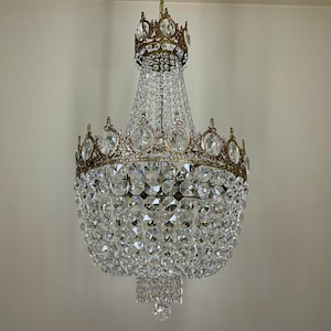 Antique / Vintage Brass & Crystals Lamp Lighting Fixtures Empire Style Crystal Chandelier Ceiling Lamp 1950’s