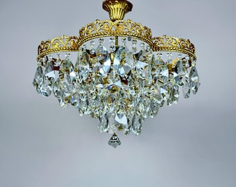 Antique / Vintage Bohemia Crystal Chandelier | Brass & Crystal Gold Plated Semi Flush Mounted Lighting