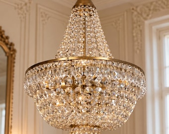 Antique / Vintage Brass & Crystal Chandelier Lighting - 1960s Hand Made Ceiling Lamps