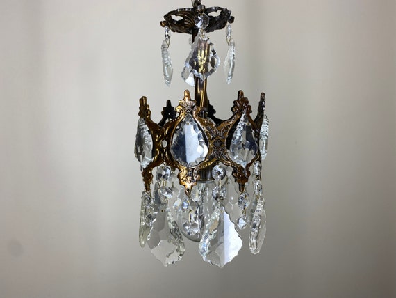 Antique Chandelier, Vintage Chandelier, Brass & Crystal Small Chandelier,  Ceiling Lamp, Lighting Pendant Glass Lamp Fixtures From 1950's 