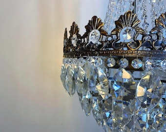 Antique Brass & Crystal Chandelier | 1950s French Style Lighting Fixtures •DUTY FREE [USA]