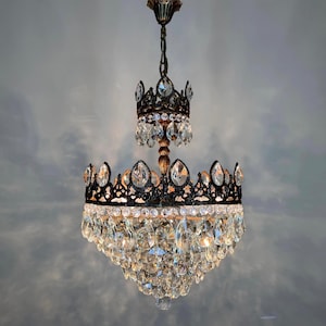 Empire Style Brass & Crystal Chandelier - 1960s Vintage Ceiling Lamp