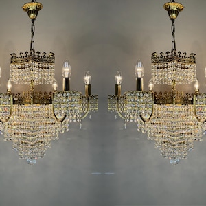 Vintage Brass Crystal Chandelier Pair: 6-Arm Ceiling Lamp, 1950s Lighting