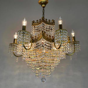 Antique Vintage Brass Crystal Chandelier: 6-Arm Ceiling Lamp, 1950s French Lighting •DUTY FREE [USA]
