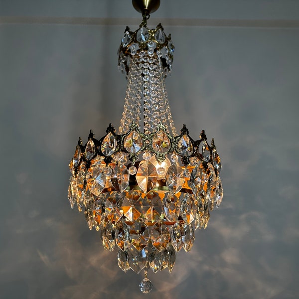 Antique /Vintage Brass & Crystals Chandelier Lighting ,French Chandelier Light Fixture Ceiling Lamp Light 1960's