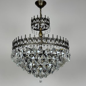 Antique / Vintage Brass & Crystals Lamp Lighting Fixtures Empire Style Crystal Chandelier Ceiling Lamp 1950’s