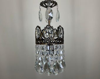 Antique Vintage Crystal Chandelier Lighting: French Style Brass Ceiling Light Fixtures, 1960s