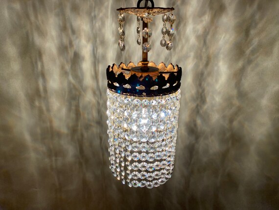 Antique / Vintage Brass & Swarovski Crystal Small Chandelier Ceiling Lamp  Lighting Pendant Lighting Glass Lamp Fixtures 