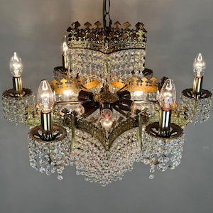 Antique Brass Crystal Chandelier: French Style 6-Arm Ceiling Lamp, 1950s