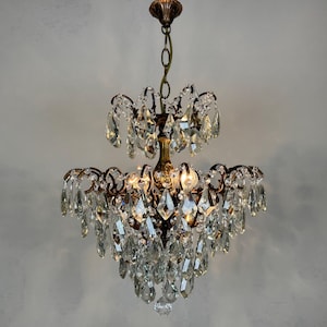 Antique / Vintage Brass & Crystals Chandelier Lighting Bronze Plated Ceiling Lamp Light Fixtures 1960&#39;s