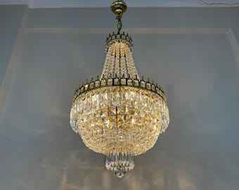 Antique Brass & Crystal Chandelier Light Fixtures - Vintage French Empire Ceiling Lighting 1960’s