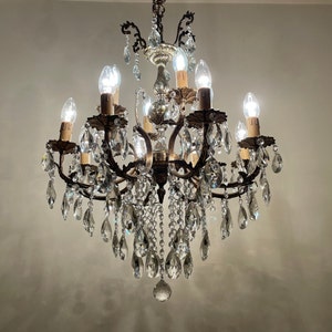 Antique Brass Crystal Chandelier: French 12-Arm Ceiling Lamp, 1960s