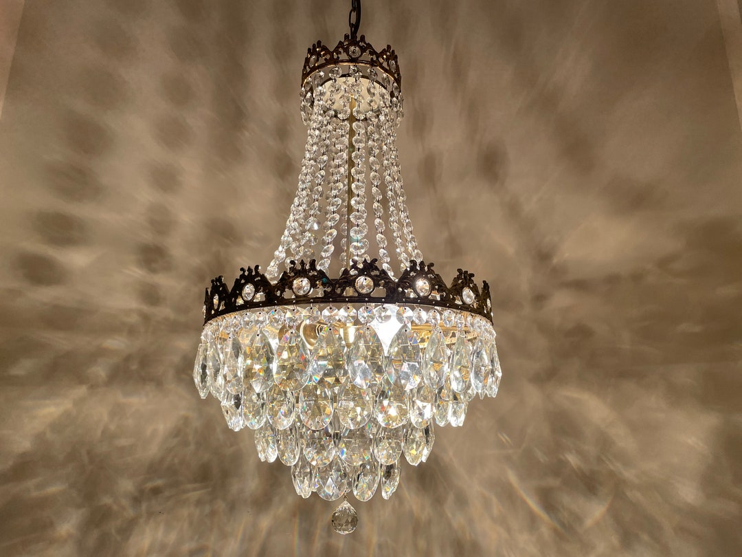 Antique Vintage Chandelier Light Fixture, French Brass & Crystals ...