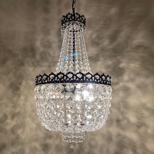 Vintage Brass & Crystal Chandelier - 1960s French Style Ceiling Lamp