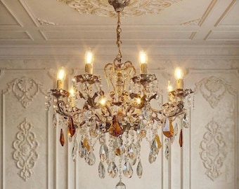 Antique / Vintage French Empire Brass & Crystal Chandelier Light Fixtures | Gold 8-Arm
