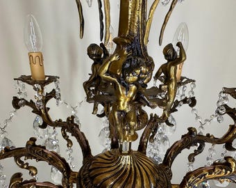 Antique / Vintage Brass & Crystal Chandelier Light Fixtures with 10-Arm French Empire Ceiling Lamp 1960’s