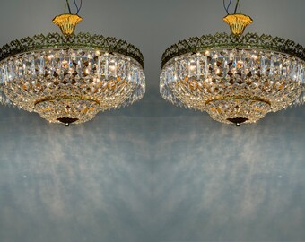 Pair Of Antique /Vintage Brass & Bohemian Crystals Chandelier Lighting French Light Fixture Flush Mounth Ceiling Lamp Light 1960's