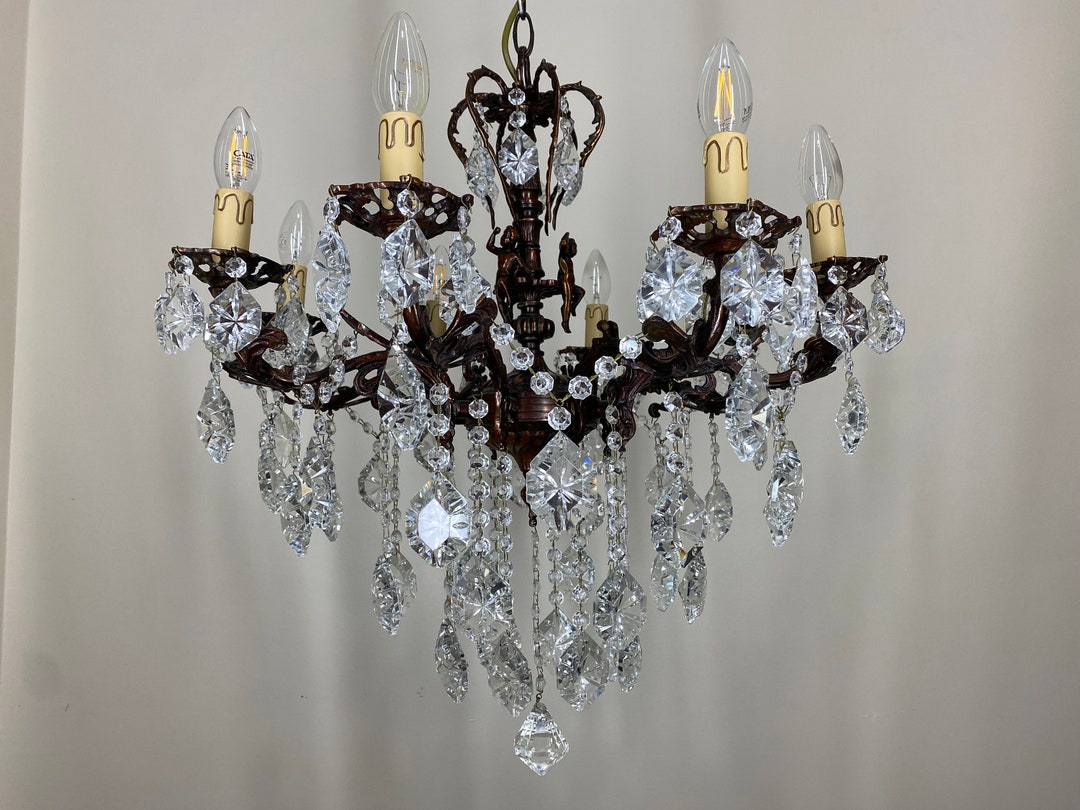 Antique / Vintage Brass & Crystal Chandelier With 8 Arms Angels