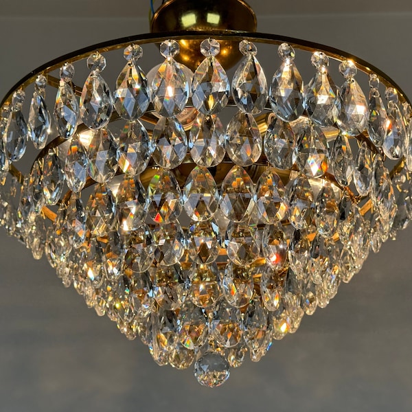 Antique Vintage Brass & Crystals Semi Flush Mount Low Ceiling LARGE Chandelier Ceiling Light Pendant Lighting Glass Lamp from 1950's