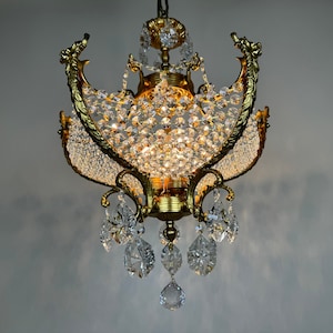 Antique Vintage Chandelier Lighting, French Gold Plated Brass & Crystals Rare Chandelier Ceiling Lamp Light Fixtures Ceiling Lamp 1960's