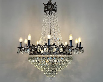 Antique / Vintage Brass & Crystal Chandelier Lighting •French Empire Light Fixtures 10-Arm