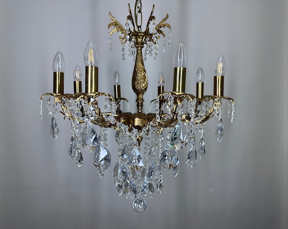 Antique / Vintage Brass & Crystal Chandelier With 8 Arms French