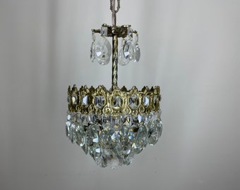 Antique Vintage Brass & Crystals Chandelier Lighting French Model Midi Chandelier Light Fixture Ceiling Lamp Lighting from 1950s.